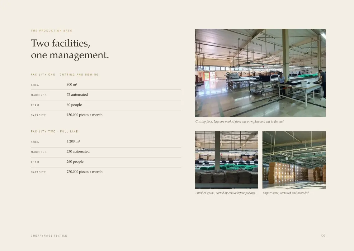 Two production facilities: area, machines, team and monthly capacity