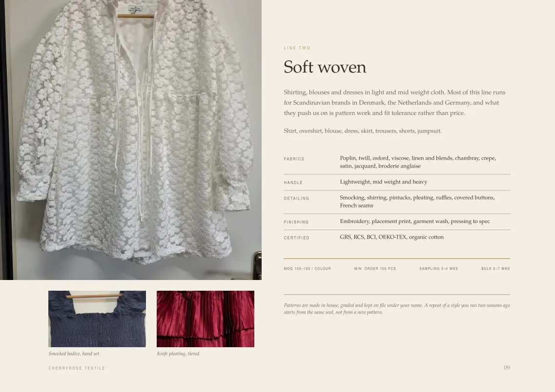 Soft woven line: poplin, twill, viscose and linen, smocking and pattern work