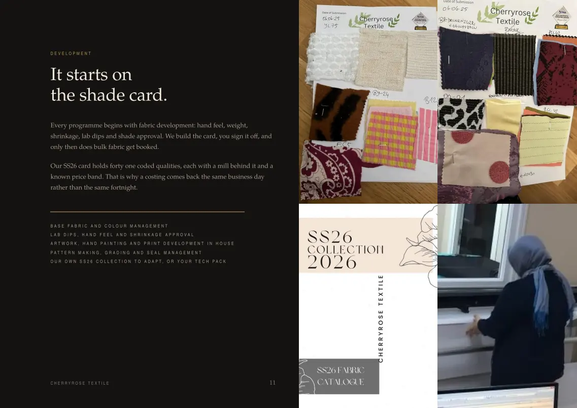 Fabric development and the SS26 shade card with 41 coded qualities